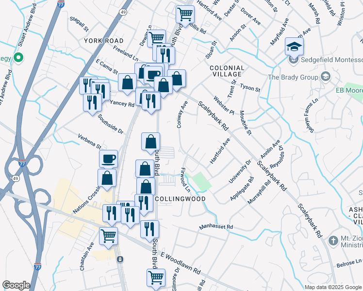 map of restaurants, bars, coffee shops, grocery stores, and more near 4034 Conway Avenue in Charlotte