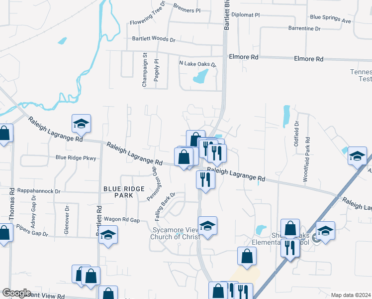 map of restaurants, bars, coffee shops, grocery stores, and more near 2166 Deer Ridge Drive in Memphis