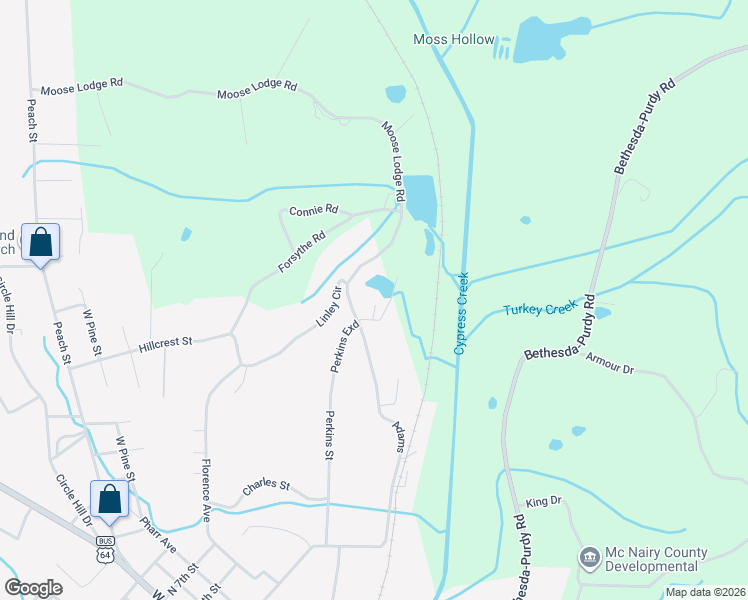 map of restaurants, bars, coffee shops, grocery stores, and more near 33 Linley Circle in Selmer