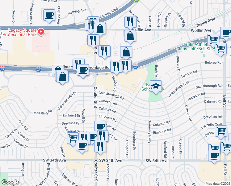 map of restaurants, bars, coffee shops, grocery stores, and more near 7120 Gainsborough Road in Amarillo