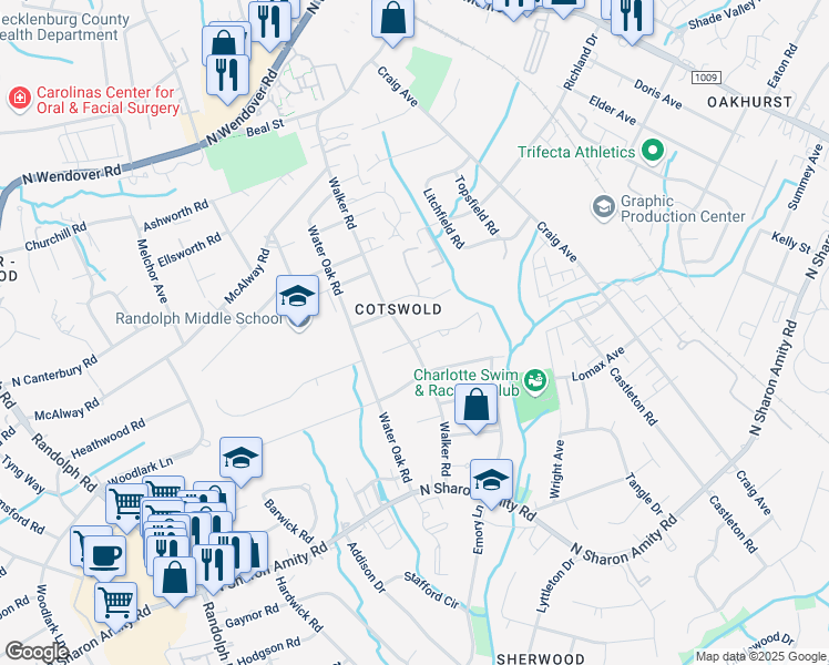map of restaurants, bars, coffee shops, grocery stores, and more near 901 Bridlepath Lane in Charlotte