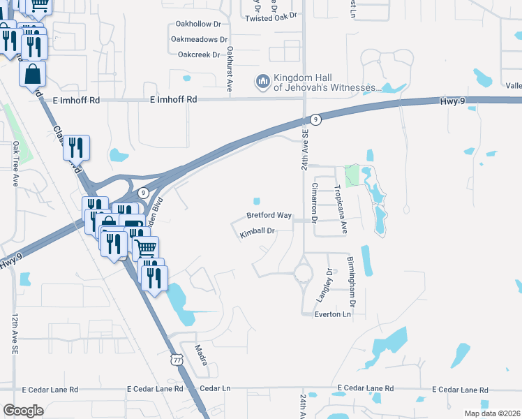 map of restaurants, bars, coffee shops, grocery stores, and more near 2301 Bretford Way in Norman
