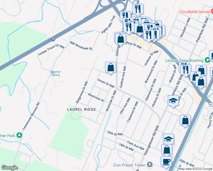 map of restaurants, bars, coffee shops, grocery stores, and more near 1845 Green Drive Northwest in Cleveland