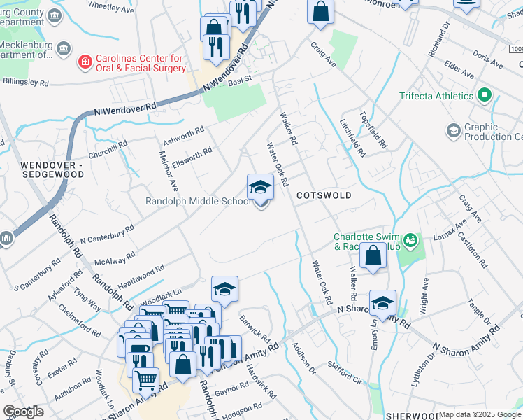 map of restaurants, bars, coffee shops, grocery stores, and more near 4400 Water Oak Road in Charlotte