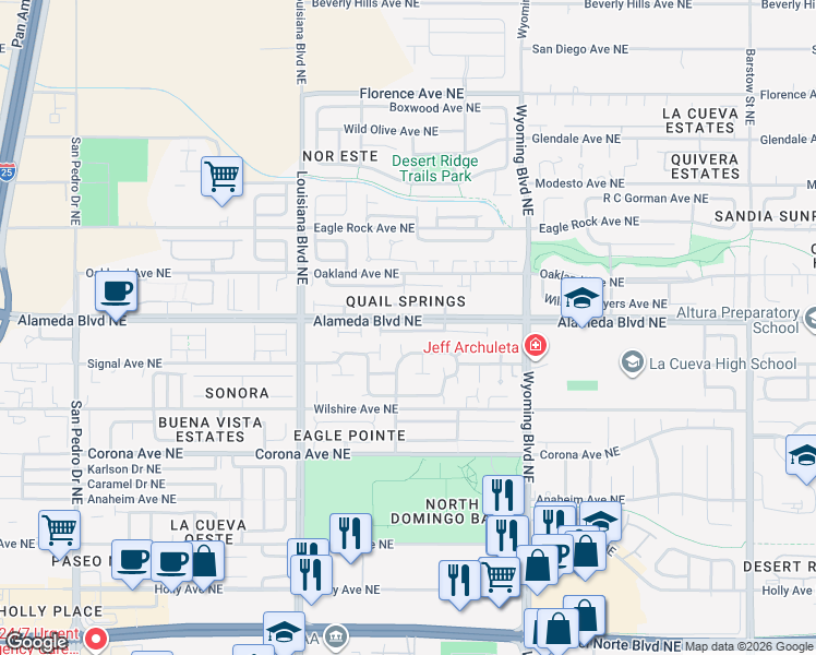 map of restaurants, bars, coffee shops, grocery stores, and more near 7227 Via Contenta Northeast in Albuquerque