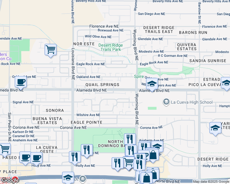map of restaurants, bars, coffee shops, grocery stores, and more near 7305 Via Contenta Northeast in Albuquerque