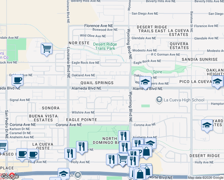 map of restaurants, bars, coffee shops, grocery stores, and more near 7305 Via Contenta Northeast in Albuquerque