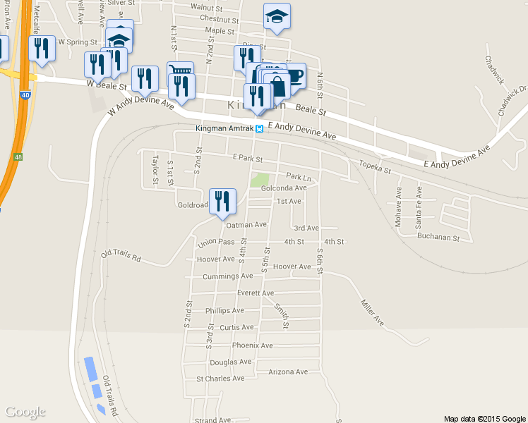 map of restaurants, bars, coffee shops, grocery stores, and more near 426 Goldroad Ave in Kingman