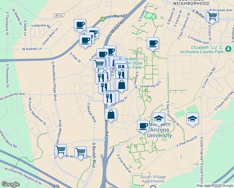 map of restaurants, bars, coffee shops, grocery stores, and more near 1650 South Milton Road in Flagstaff