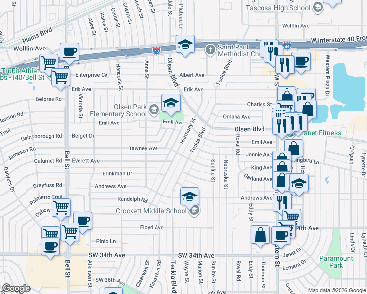 map of restaurants, bars, coffee shops, grocery stores, and more near 2611 Harmony Street in Amarillo