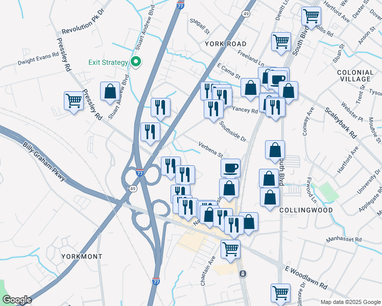 map of restaurants, bars, coffee shops, grocery stores, and more near 4609 Macie Street in Charlotte
