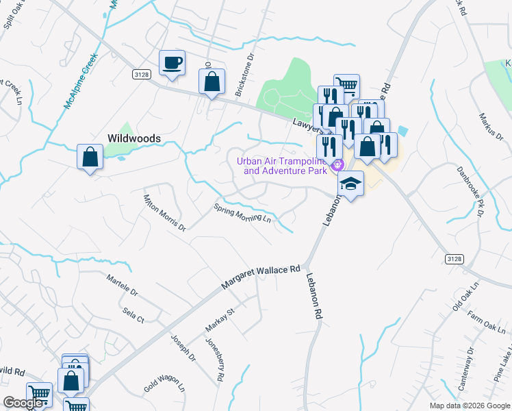 map of restaurants, bars, coffee shops, grocery stores, and more near 9008 Blue Willow Lane in Charlotte