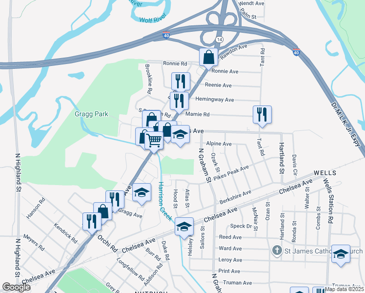 map of restaurants, bars, coffee shops, grocery stores, and more near 3925 Wales Avenue in Memphis