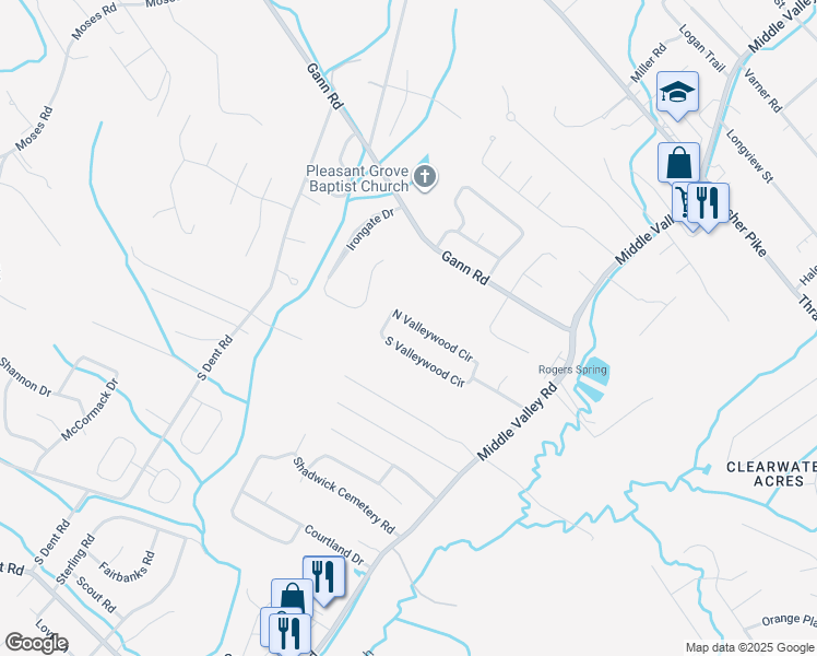 map of restaurants, bars, coffee shops, grocery stores, and more near 812 North Valleywood Circle in Middle Valley
