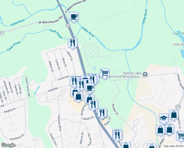 map of restaurants, bars, coffee shops, grocery stores, and more near 127 Chapel Hill Road in Spring Lake
