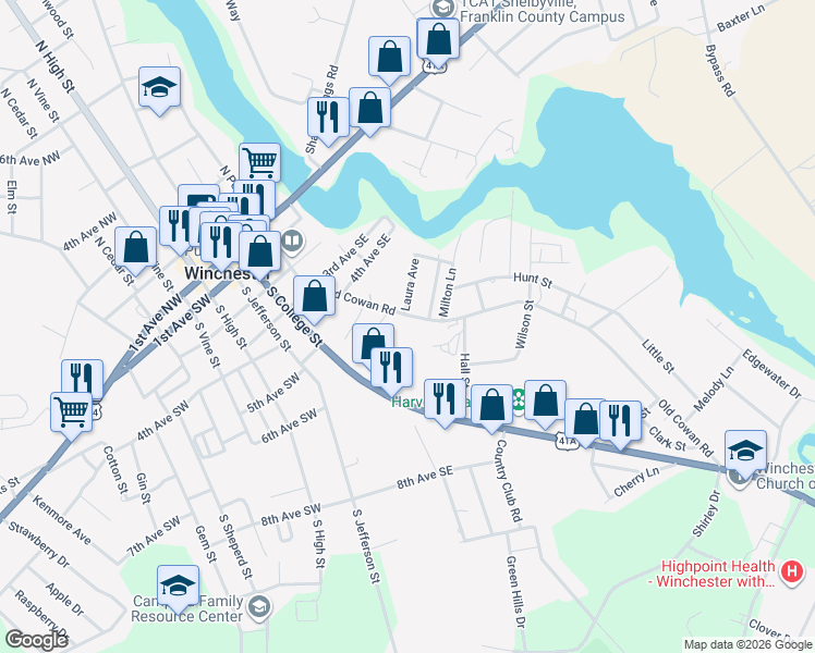 map of restaurants, bars, coffee shops, grocery stores, and more near 502 Old Cowan Rd in Winchester