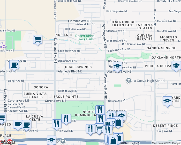 map of restaurants, bars, coffee shops, grocery stores, and more near 7305 Via Contenta Northeast in Albuquerque
