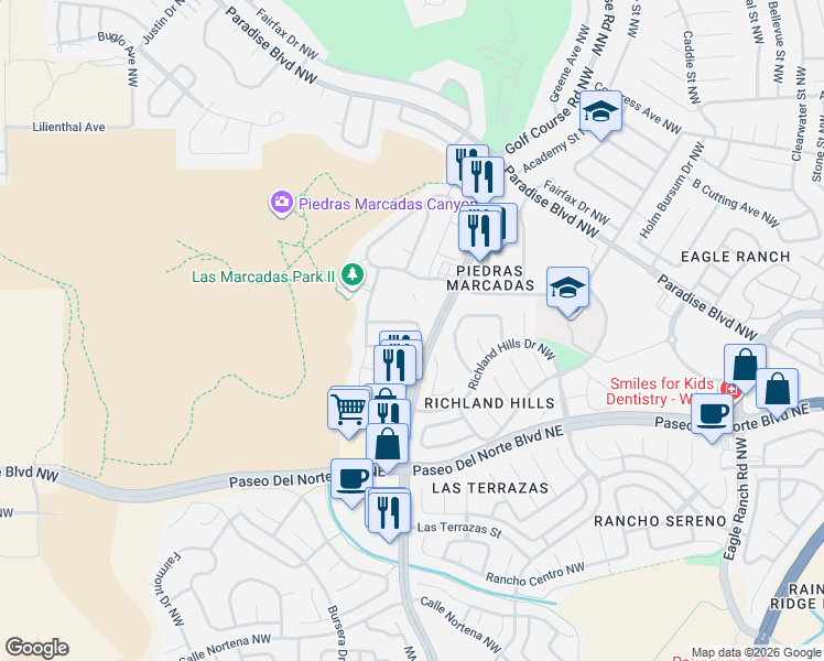 map of restaurants, bars, coffee shops, grocery stores, and more near 4801 Shelly Rose Road Northwest in Albuquerque