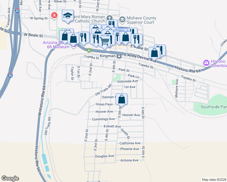 map of restaurants, bars, coffee shops, grocery stores, and more near 301 S 4th St in Kingman