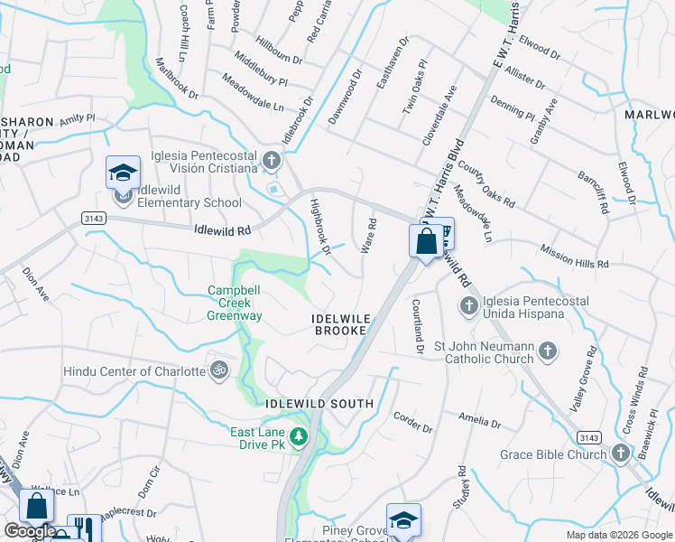map of restaurants, bars, coffee shops, grocery stores, and more near 7005 Bluff Wood Cove in Charlotte