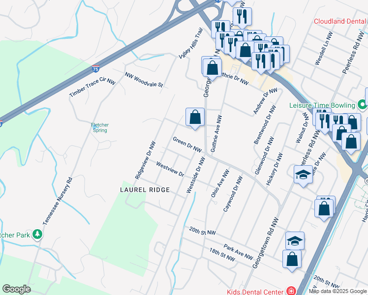 map of restaurants, bars, coffee shops, grocery stores, and more near 1845 Green Drive Northwest in Cleveland