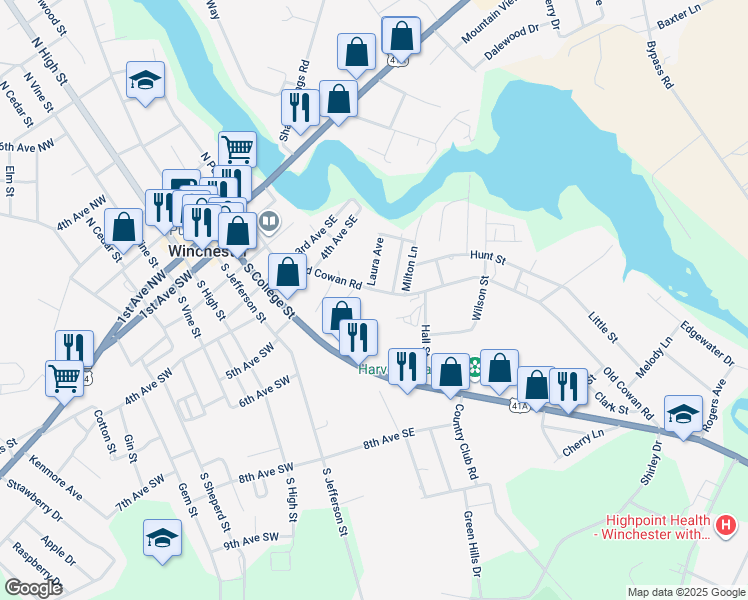 map of restaurants, bars, coffee shops, grocery stores, and more near 502 Old Cowan Road in Winchester