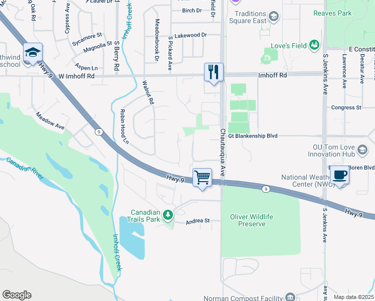 map of restaurants, bars, coffee shops, grocery stores, and more near 3209 Walnut Road in Norman