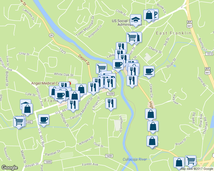 map of restaurants, bars, coffee shops, grocery stores, and more near 411 East Main Street in Franklin