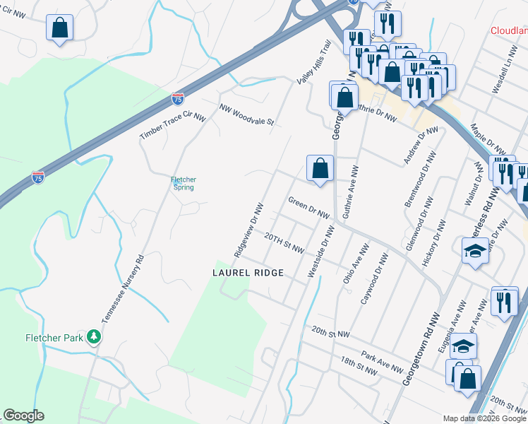 map of restaurants, bars, coffee shops, grocery stores, and more near 2020 Ridgeview Drive Northwest in Cleveland