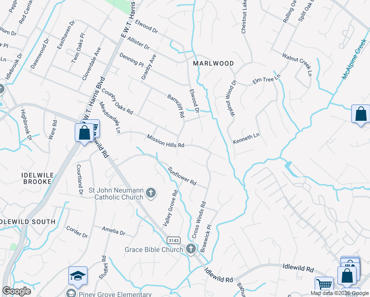 map of restaurants, bars, coffee shops, grocery stores, and more near 8516 Mission Hills Road in Charlotte