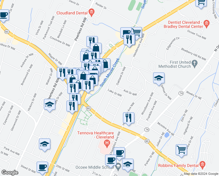 map of restaurants, bars, coffee shops, grocery stores, and more near 2900 Harris Circle Northwest in Cleveland