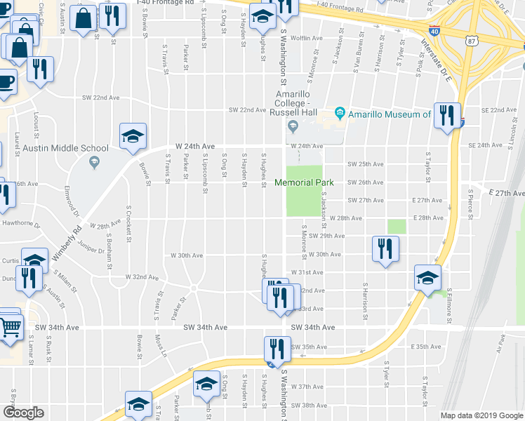 map of restaurants, bars, coffee shops, grocery stores, and more near 2614 Hughes Street in Amarillo