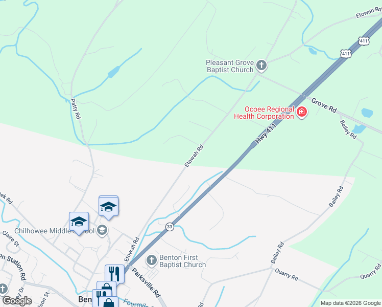 map of restaurants, bars, coffee shops, grocery stores, and more near 351 Etowah Road in Benton