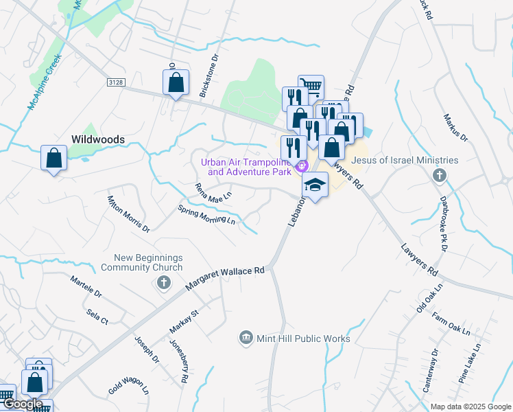 map of restaurants, bars, coffee shops, grocery stores, and more near 7201 Spring Morning Lane in Charlotte