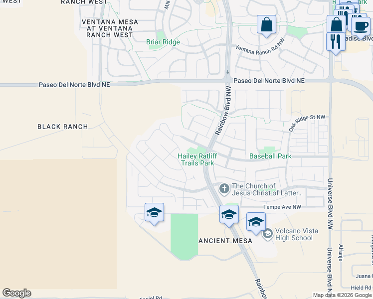 map of restaurants, bars, coffee shops, grocery stores, and more near 7316 Valle Cantero Lane Northwest in Albuquerque