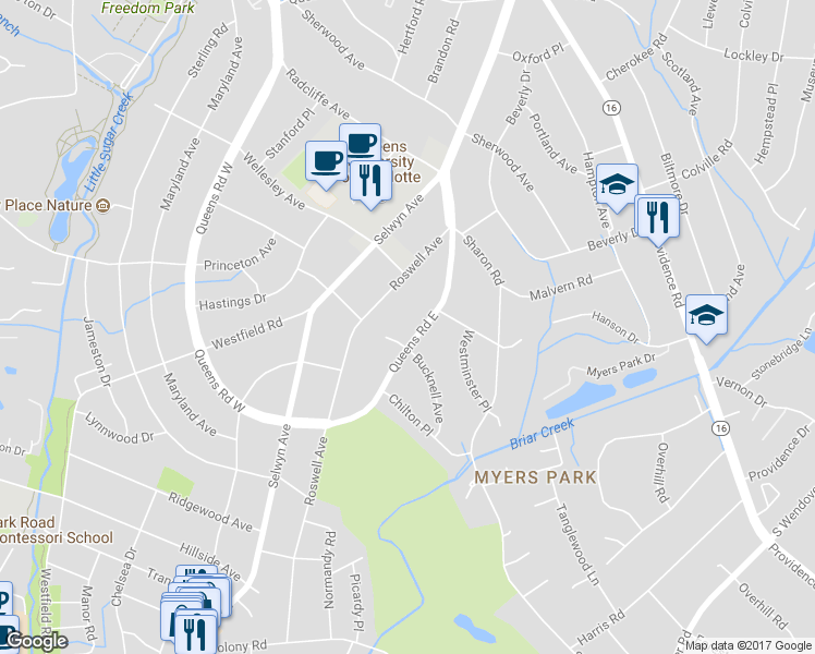 map of restaurants, bars, coffee shops, grocery stores, and more near 2118 Queens Road East in Charlotte