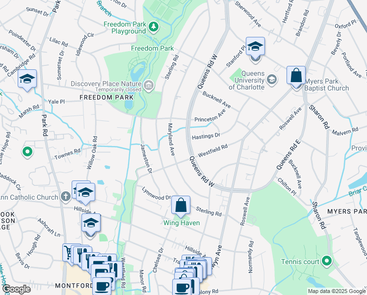 map of restaurants, bars, coffee shops, grocery stores, and more near 1867 Maryland Avenue in Charlotte