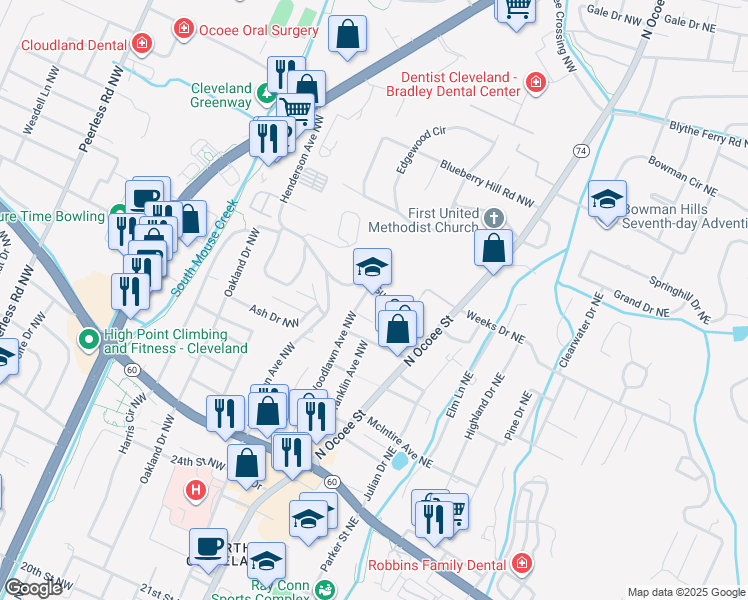 map of restaurants, bars, coffee shops, grocery stores, and more near 209 Sunset Drive Northwest in Cleveland