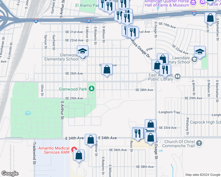 map of restaurants, bars, coffee shops, grocery stores, and more near 2710 South Williams Street in Amarillo