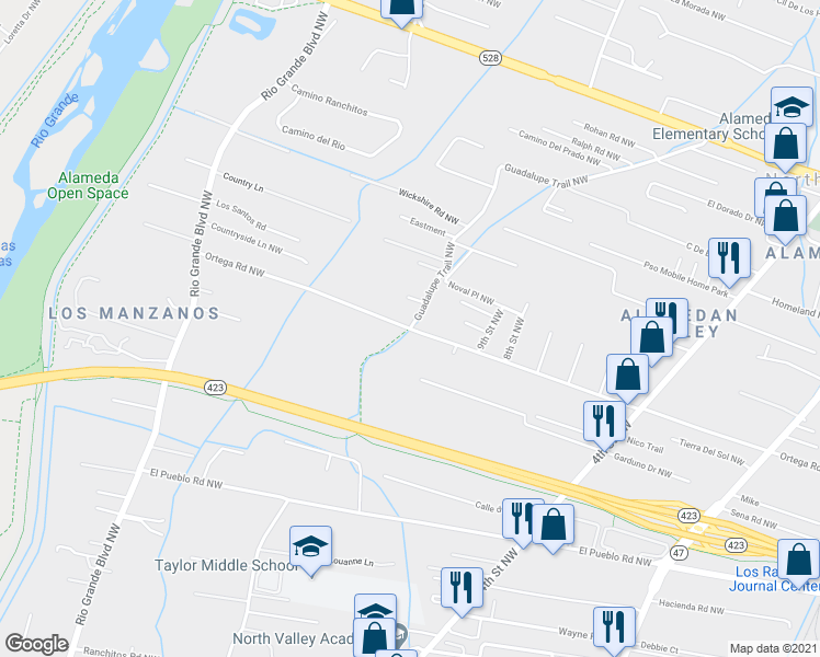 map of restaurants, bars, coffee shops, grocery stores, and more near Guadalupe Trail Northwest in Albuquerque