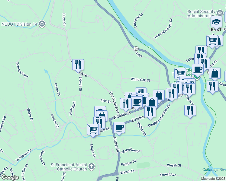 map of restaurants, bars, coffee shops, grocery stores, and more near 193 Harrison Avenue in Franklin
