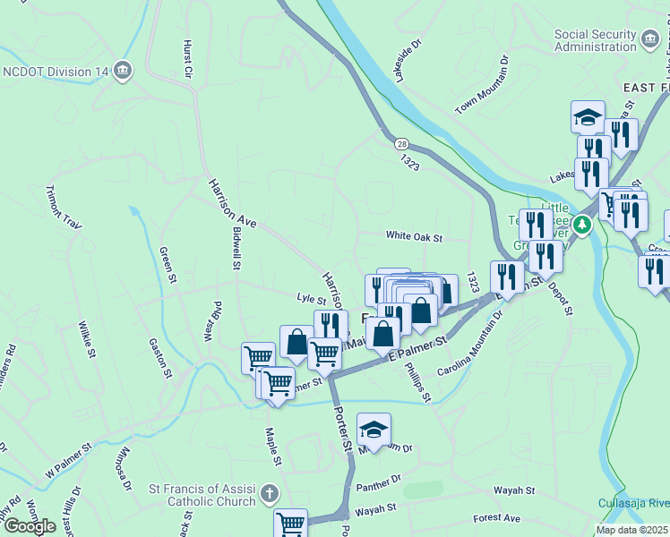 map of restaurants, bars, coffee shops, grocery stores, and more near 193 Harrison Avenue in Franklin