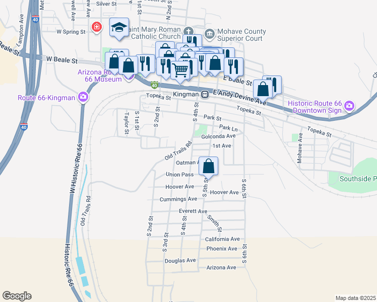 map of restaurants, bars, coffee shops, grocery stores, and more near 301 South 4th Street in Kingman