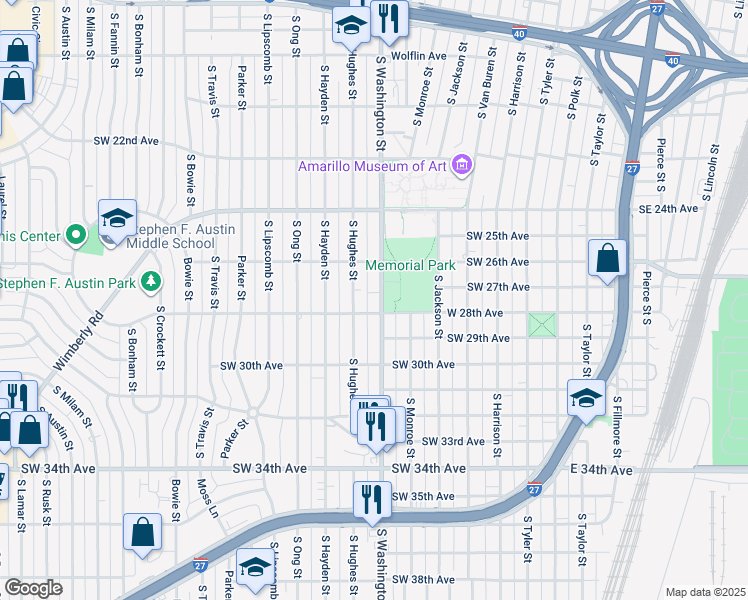 map of restaurants, bars, coffee shops, grocery stores, and more near 2601-2799 S Washington St in Amarillo