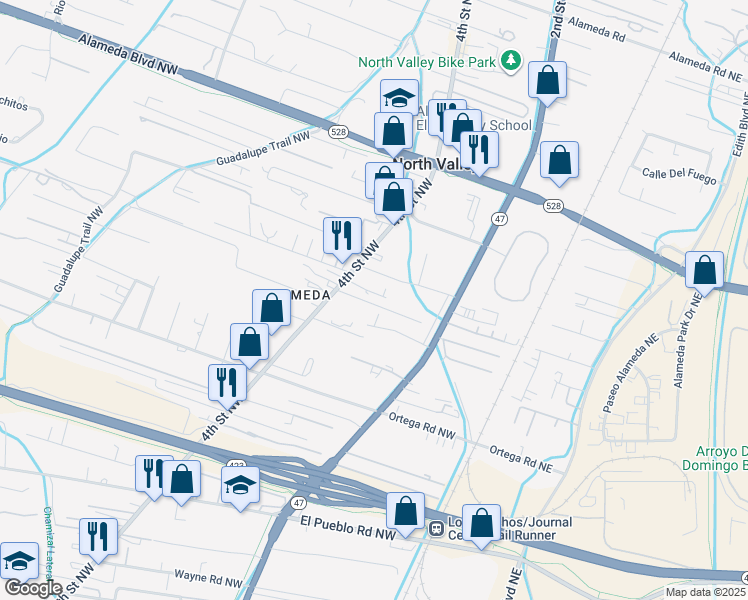 map of restaurants, bars, coffee shops, grocery stores, and more near 8909 Cielito Lindo Court Northwest in Albuquerque