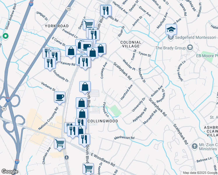 map of restaurants, bars, coffee shops, grocery stores, and more near 4105 Conway Avenue in Charlotte