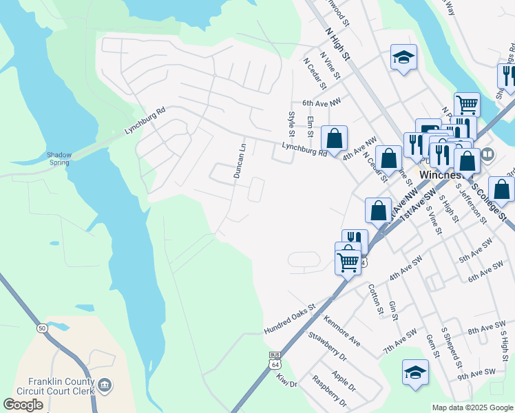 map of restaurants, bars, coffee shops, grocery stores, and more near 102 Troy Court in Winchester