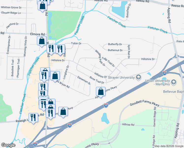 map of restaurants, bars, coffee shops, grocery stores, and more near 7028 Rose Trail Drive in Memphis