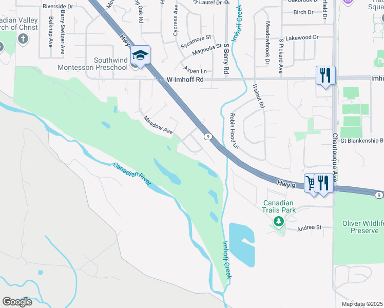 map of restaurants, bars, coffee shops, grocery stores, and more near 3212 Meadow Avenue in Norman
