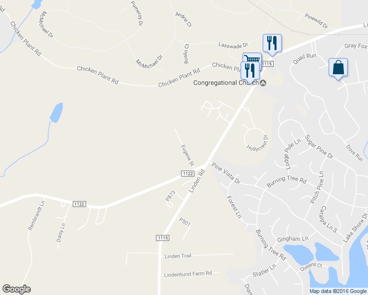 map of restaurants, bars, coffee shops, grocery stores, and more near Eugene Street in Pinehurst
